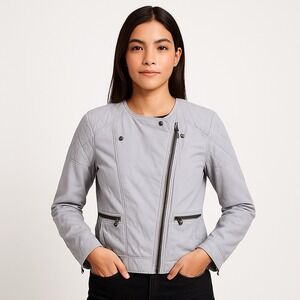 Gap Cotton Quilted Moto Jacket Gray Crystal Size 8 Zip Pockets Asymmetrical